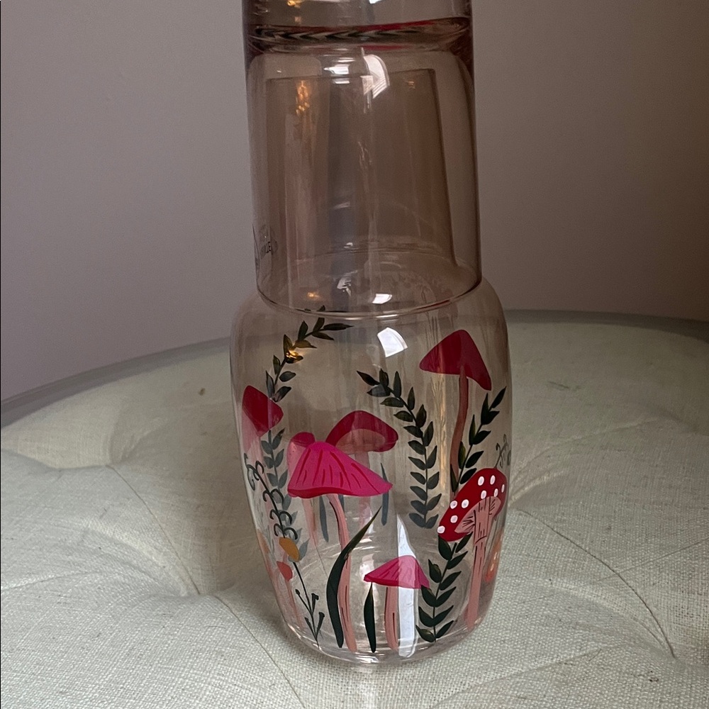 Mushroom and Botanical Hand Painted Glass Carafe Set Cottagecore Boho Retro - Picture 4 of 8